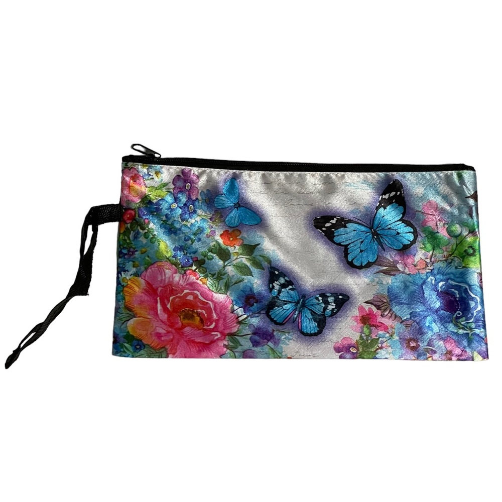 Makeup Bag Cosmetics Pouch Wristlet Floral and Butterfly Print 8.75"x4.75"